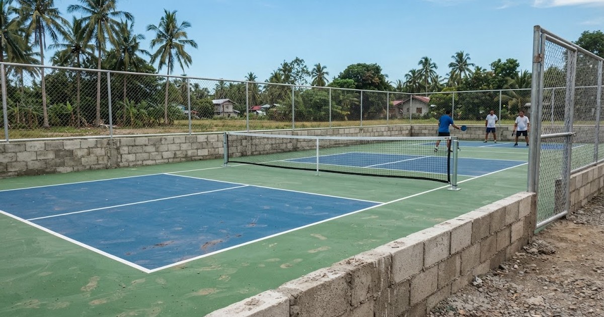 Newly built concrete pickleball courts with blue and green acrylic surface and net posts on a tropical Philippine lot