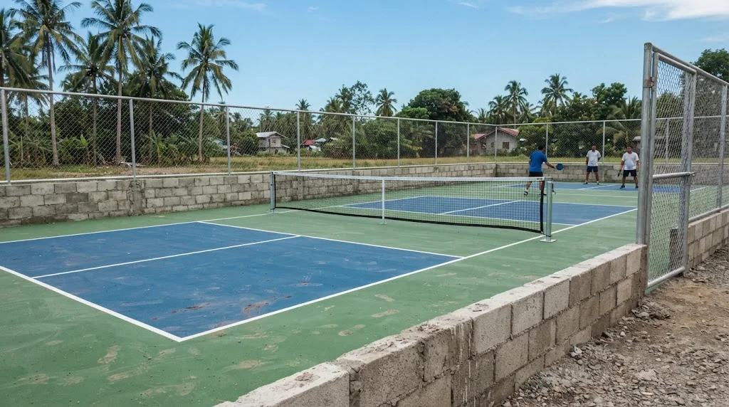 Newly built concrete pickleball courts with blue and green acrylic surface and net posts on a tropical Philippine lot