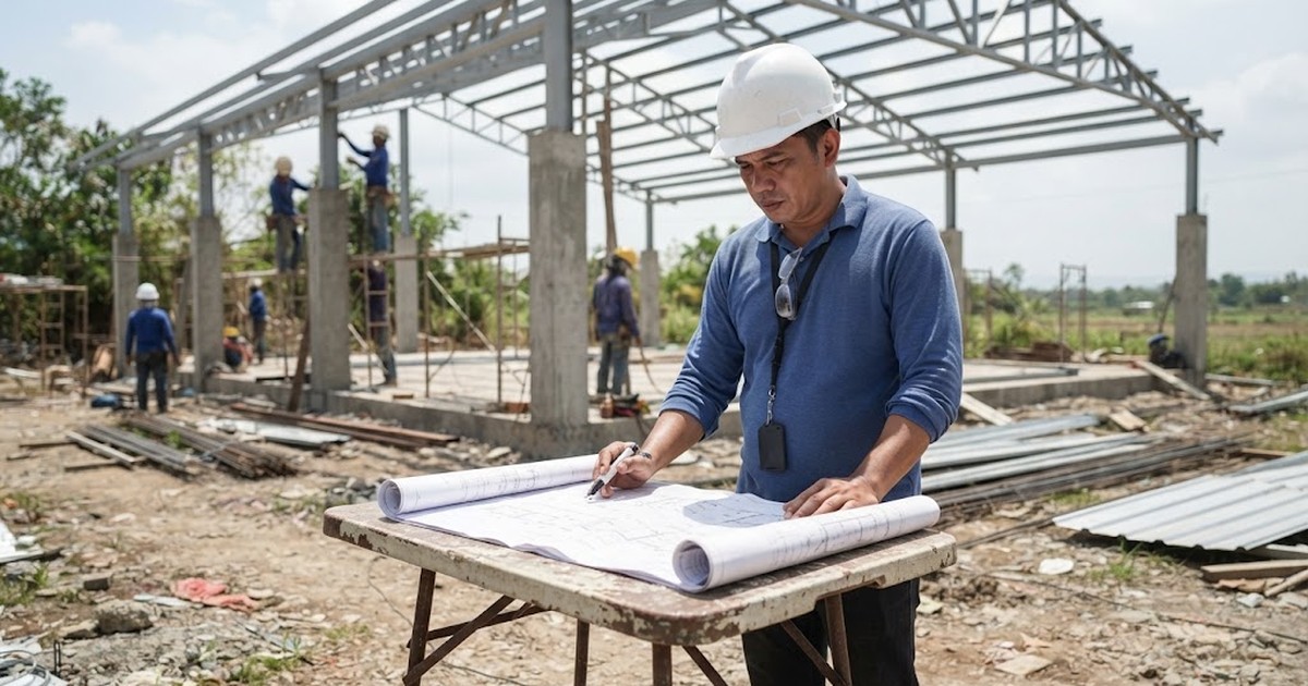Engineer reviewing structural drawings of a covered pickleball court beside a partly built steel frame