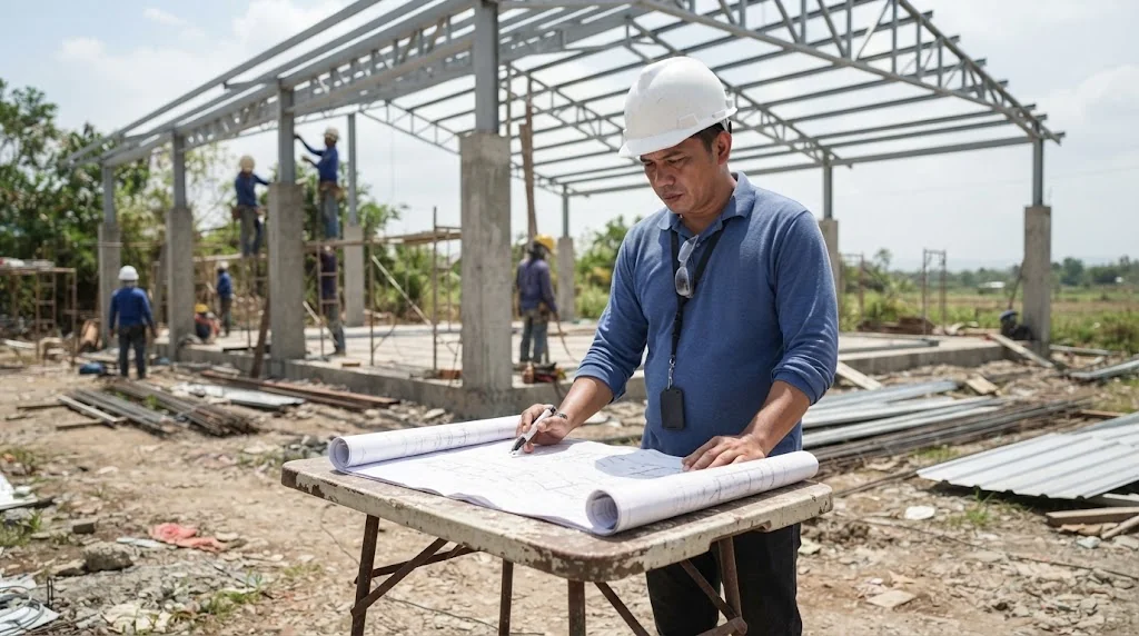 Engineer reviewing structural drawings of a covered pickleball court beside a partly built steel frame