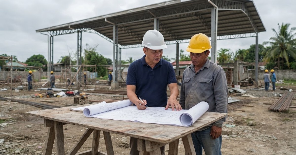 Architect and contractor reviewing drawings at a site table with a steel roof frame in the background