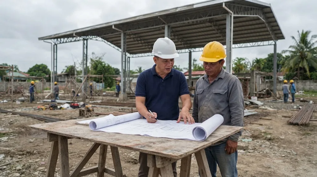 Architect and contractor reviewing a pickleball court roof drawing set at a site table with a steel frame in the background