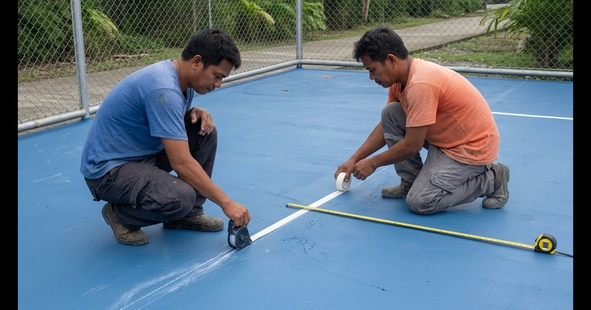 Two Filipino workers snapping a chalk line and taping a white boundary line on a freshly coated blue pickleball court, measuring tape stretched across the surface