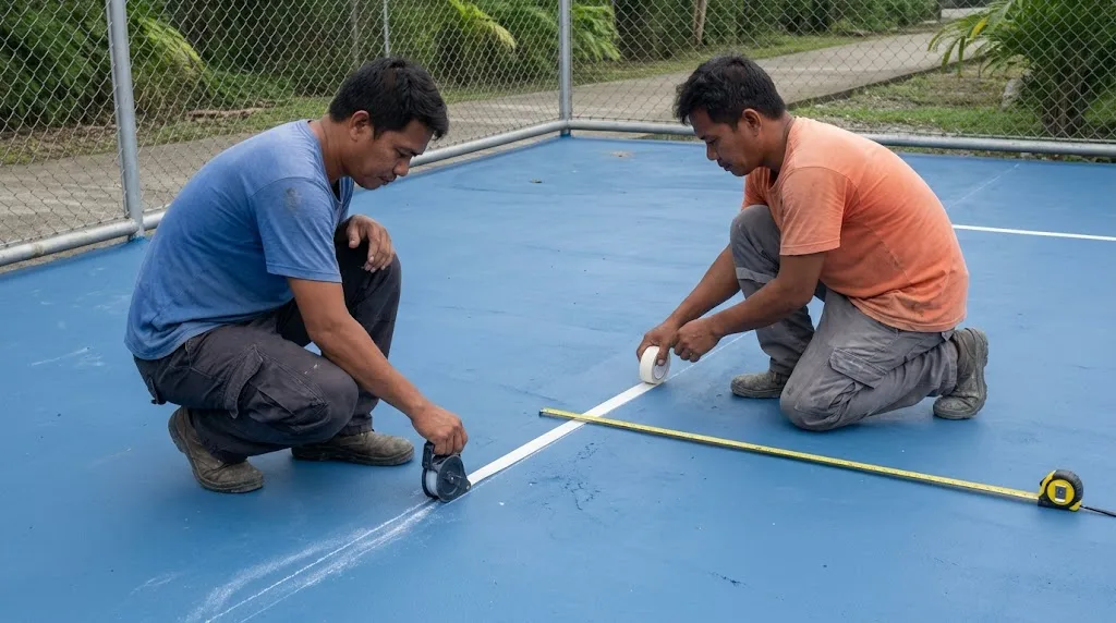Two Filipino workers snapping a chalk line and taping a white boundary line on a freshly coated blue pickleball court, measuring tape stretched across the surface