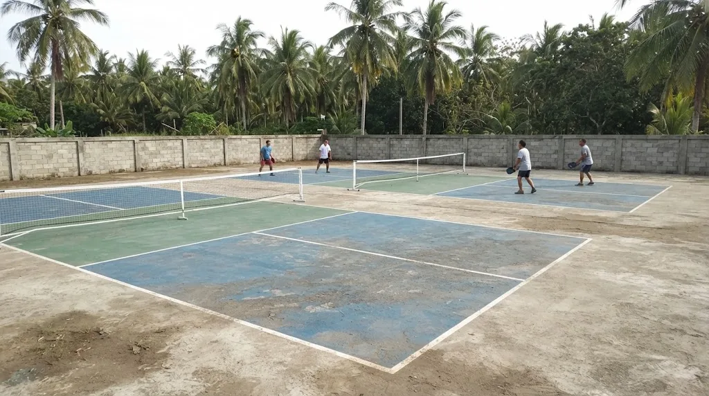 Aerial view of four pickleball courts laid out in a block on a tropical Philippine lot