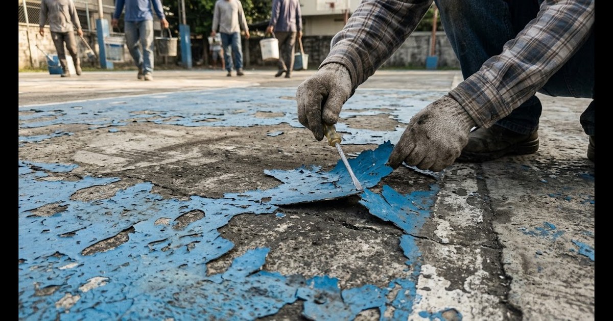 Close view of blistered and peeling blue paint on an old outdoor concrete court in the Philippines, a Filipino worker pressing a screwdriver under a flake