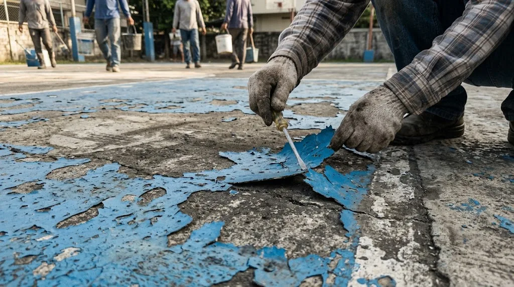 Close view of blistered and peeling blue paint on an old outdoor concrete court in the Philippines, a Filipino worker pressing a screwdriver under a flake