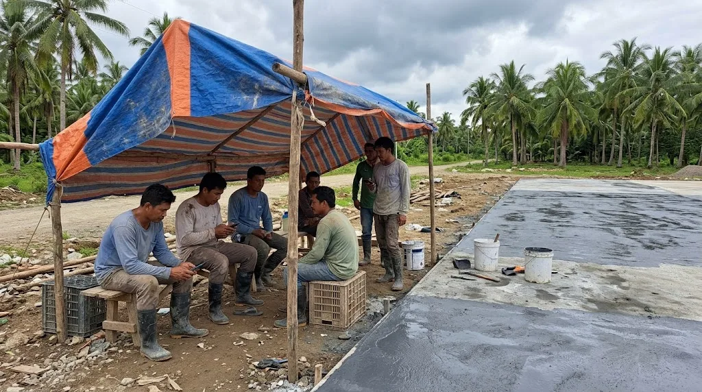 Filipino crew waiting under a tarp as rain clouds gather over a freshly primed concrete court slab beside coconut trees in Negros Oriental