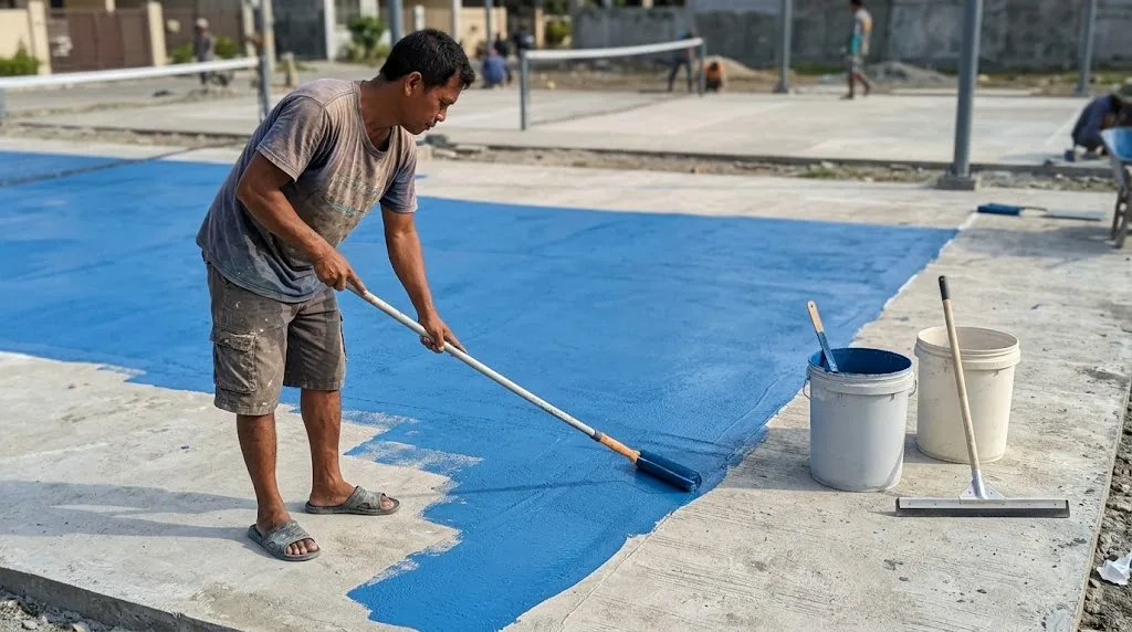 Filipino painter rolling a blue acrylic coat onto a smooth concrete pickleball court slab on a sunny day, paint pails and a squeegee beside him