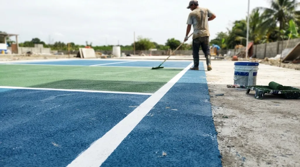 Close-up cross-section style view of an acrylic pickleball court surface layers on a concrete slab in the Philippines