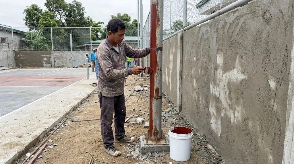 Filipino painter brushing red-oxide primer onto a steel light pole beside a freshly plastered CHB wall at a pickleball court under construction