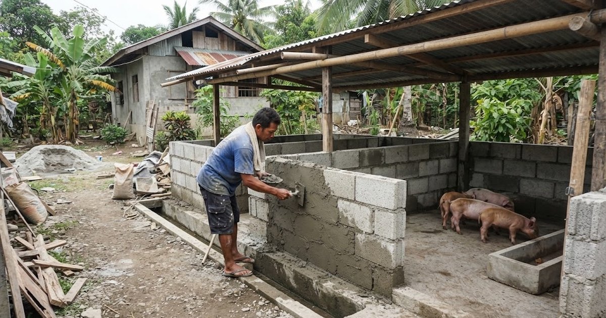 Farmer plastering a hollow block pen wall in a backyard piggery with a sloped concrete floor