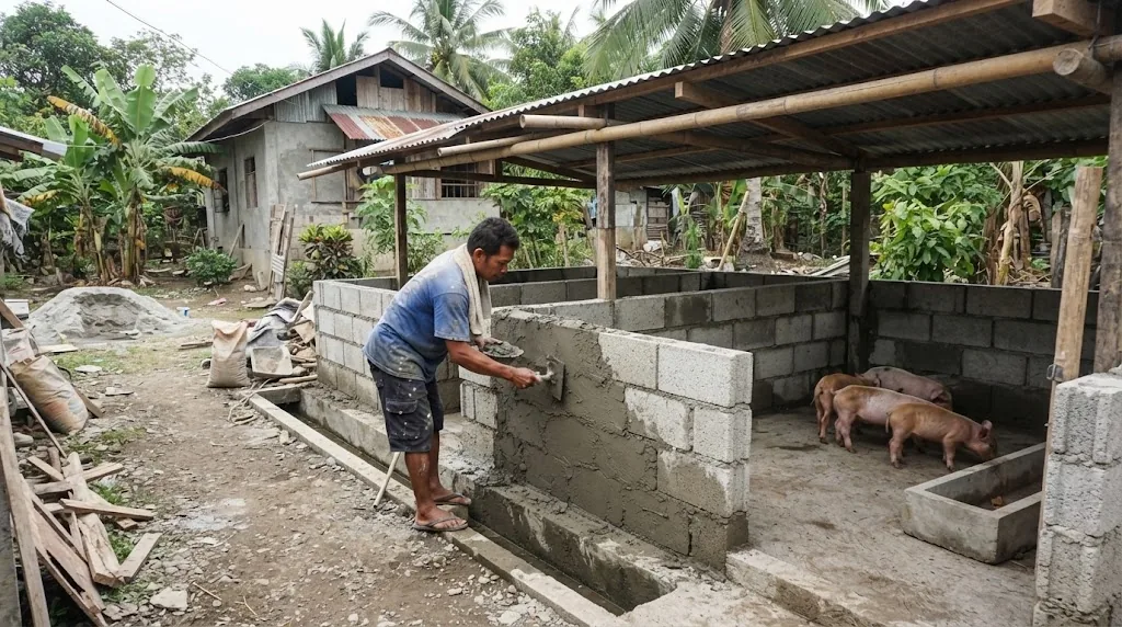 Farmer plastering a hollow block pen wall in a backyard piggery with a sloped concrete floor