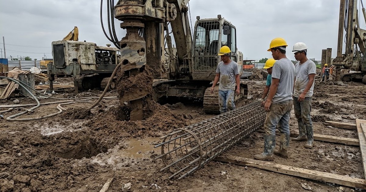 Bored pile rig drilling a foundation pile on a Philippine construction site with rebar cage laid beside the hole