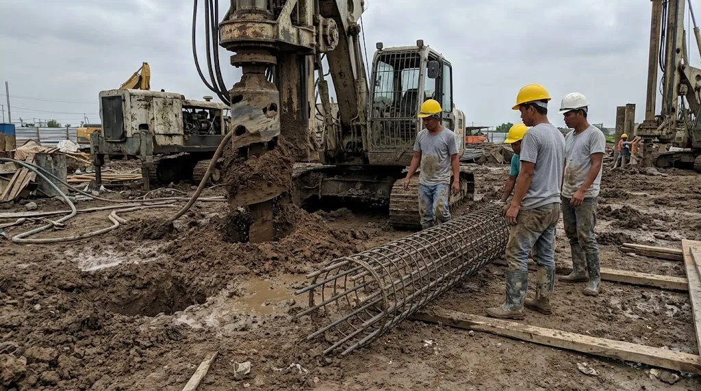 Bored pile rig drilling a foundation pile on a Philippine construction site with rebar cage laid beside the hole