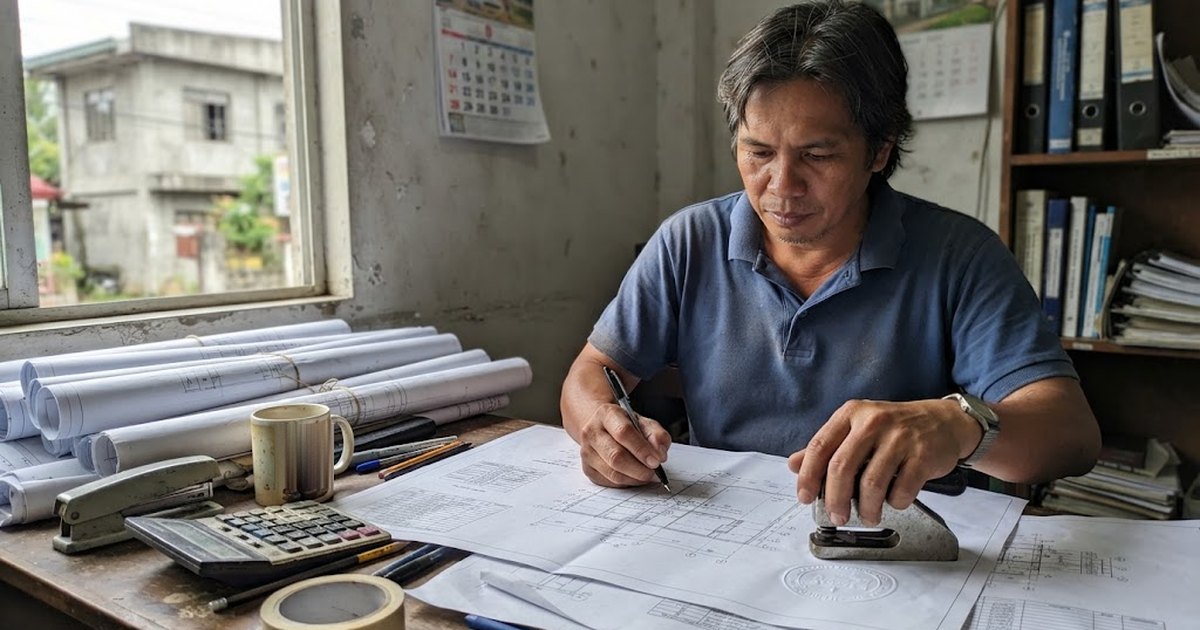 Filipino licensed engineer signing and pressing a dry seal on printed building plans at a desk