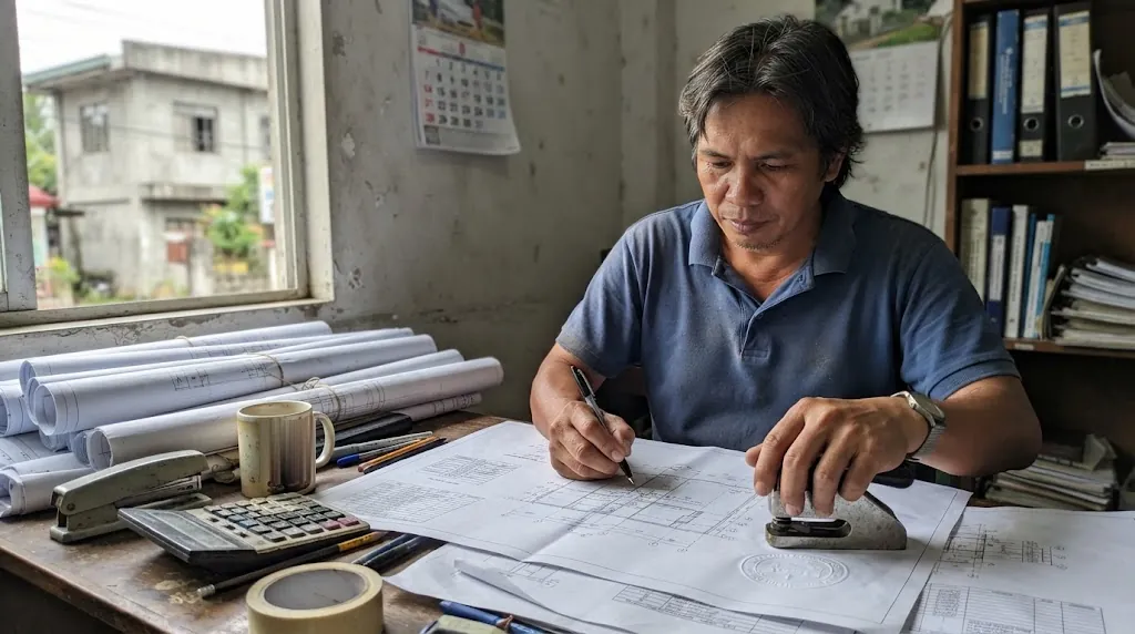 Filipino licensed engineer signing and pressing a dry seal on printed building plans at a desk