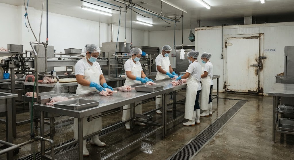 Interior of a poultry dressing plant processing floor with washable finishes and a chiller room