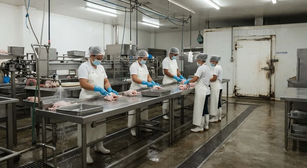 Interior of a poultry dressing plant processing floor with a sloped epoxy-coated floor draining to a trench, stainless fixtures and an insulated chiller room in the background