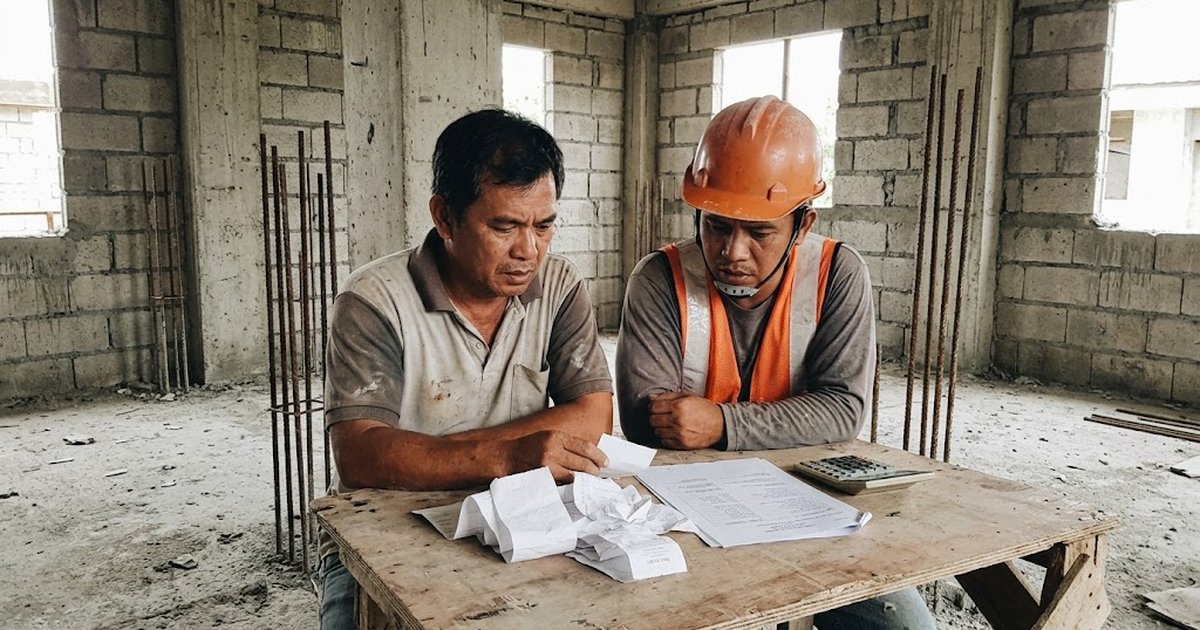 Filipino homeowner and contractor reviewing a construction contract and rising material receipts at a half-built concrete house