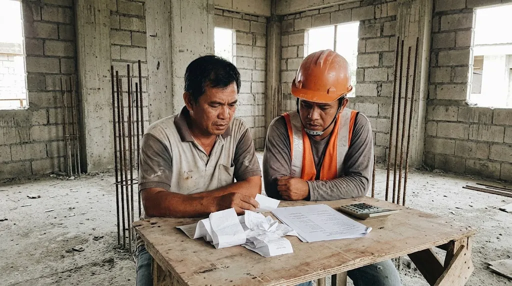 Filipino homeowner and contractor reviewing a construction contract and rising material receipts at a half-built concrete house