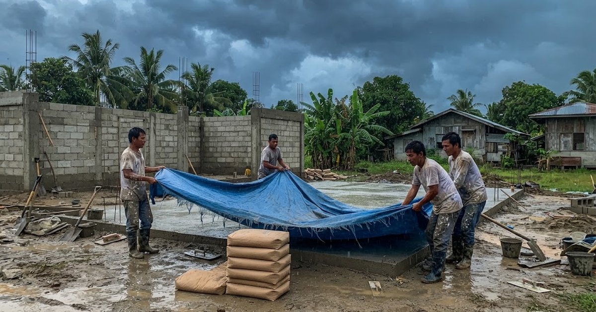 Workers covering fresh concrete and cement bags with tarpaulin as rain clouds gather over a house construction site in the Philippines