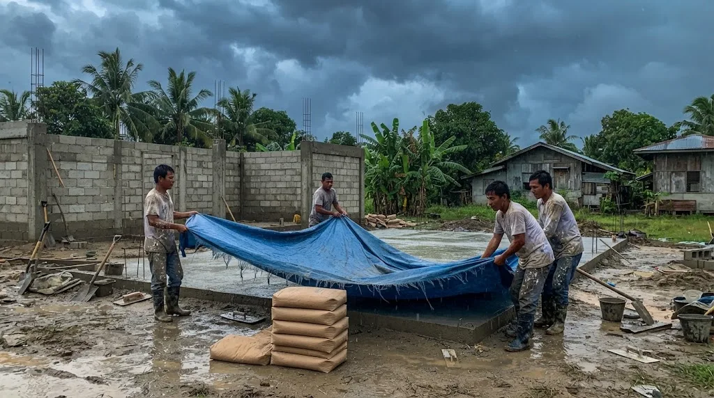 Workers covering fresh concrete and cement bags with tarpaulin as rain clouds gather over a house construction site in the Philippines