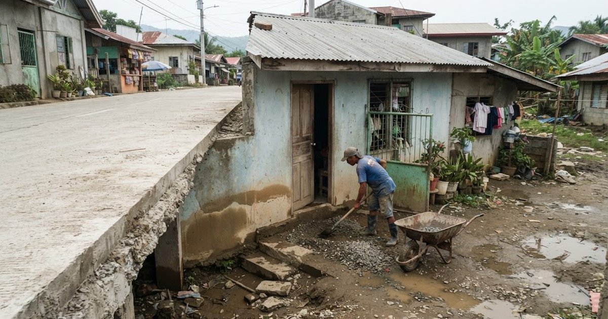 Small house below a newly raised road with flood stains and a worker filling gravel at the door