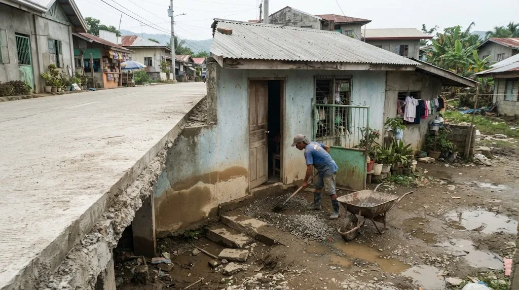 Small house in the Philippines sitting below a newly raised road, with flood stains on the wall and a worker filling gravel at the doorway
