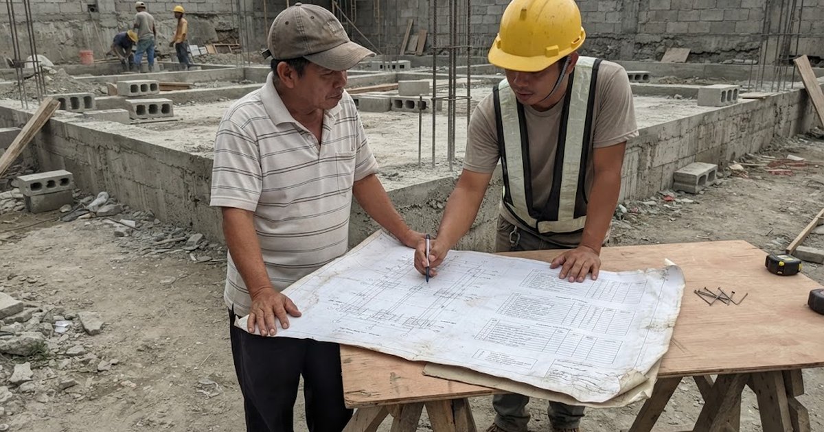 Filipino homeowner and engineer reading a sheet of structural plans with footing and column schedules spread on a table