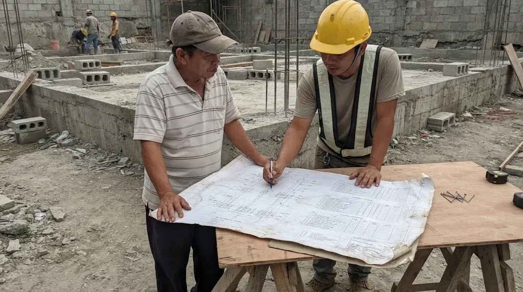 Filipino homeowner and engineer reading a sheet of structural plans with footing and column schedules spread on a table