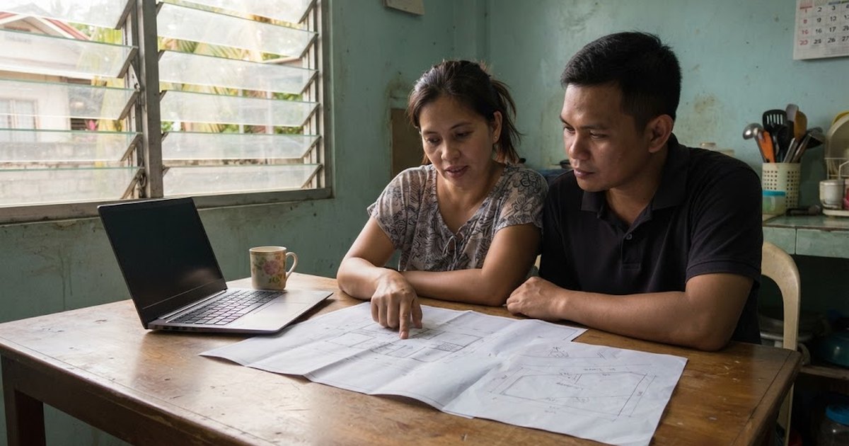 Filipino couple at a kitchen table comparing a printed house floor plan with their lot survey