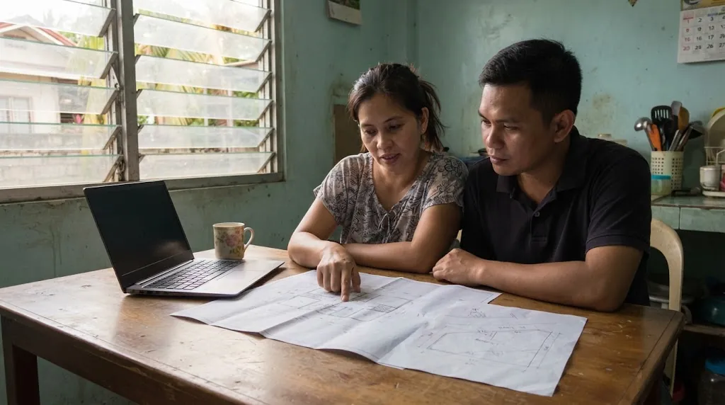 Filipino couple at a kitchen table comparing a printed house floor plan with their lot survey