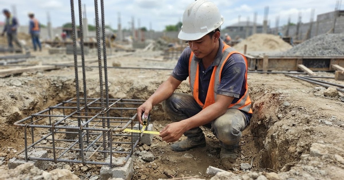 Filipino engineer measuring concrete cover on a tied footing rebar cage in an excavation before the pour