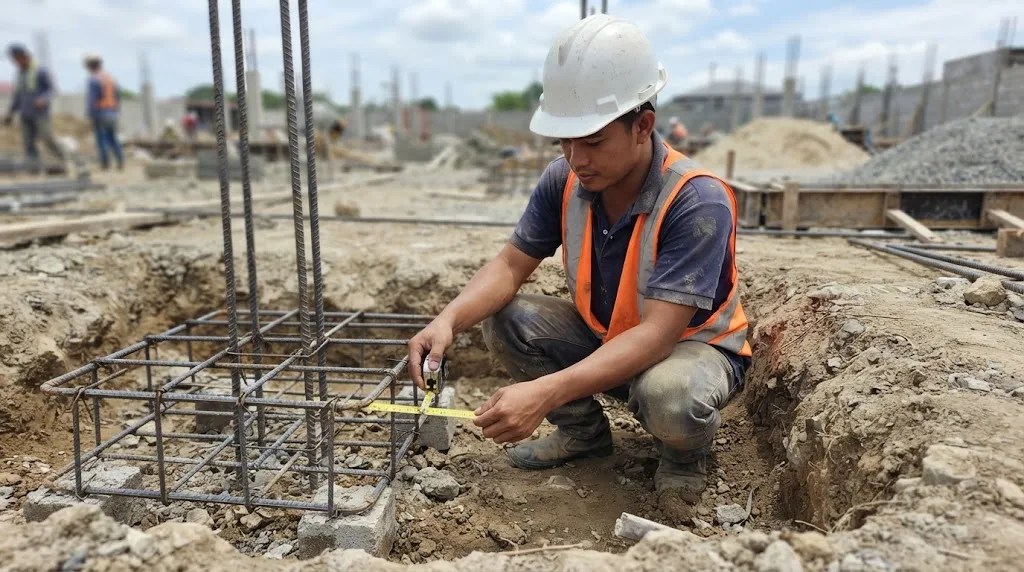 Filipino engineer measuring concrete cover on a tied footing rebar cage in an excavation before the pour