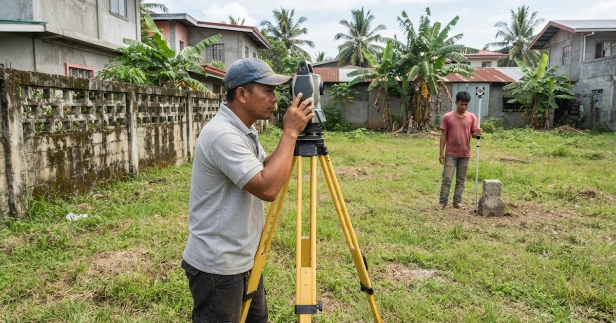 Surveyor with a total station on a vacant lot and a helper beside a concrete corner monument