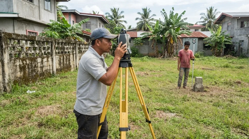 Surveyor sighting through a total station on a yellow tripod on a grassy vacant lot while a helper holds a prism pole beside a concrete corner monument