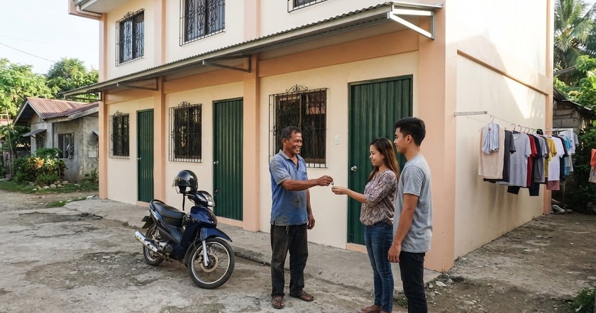 Owner handing a key to a young tenant couple outside a newly built two-storey rental apartment row