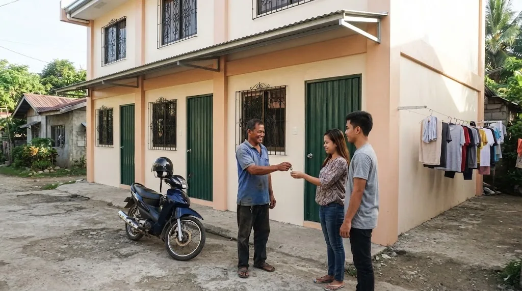 Owner handing a key to a young tenant couple outside a newly built two-storey rental apartment row