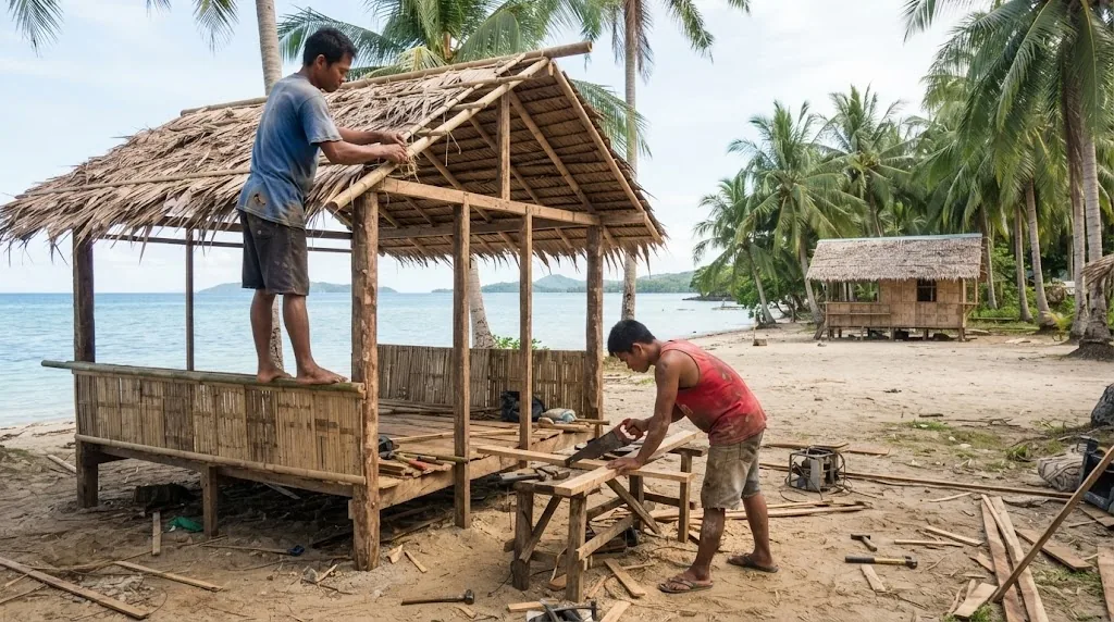 Two Filipino carpenters building a native bamboo and nipa beach cottage on a sandy resort beach