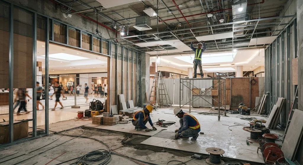 Contractors fitting out a restaurant storefront inside a Philippine mall corridor