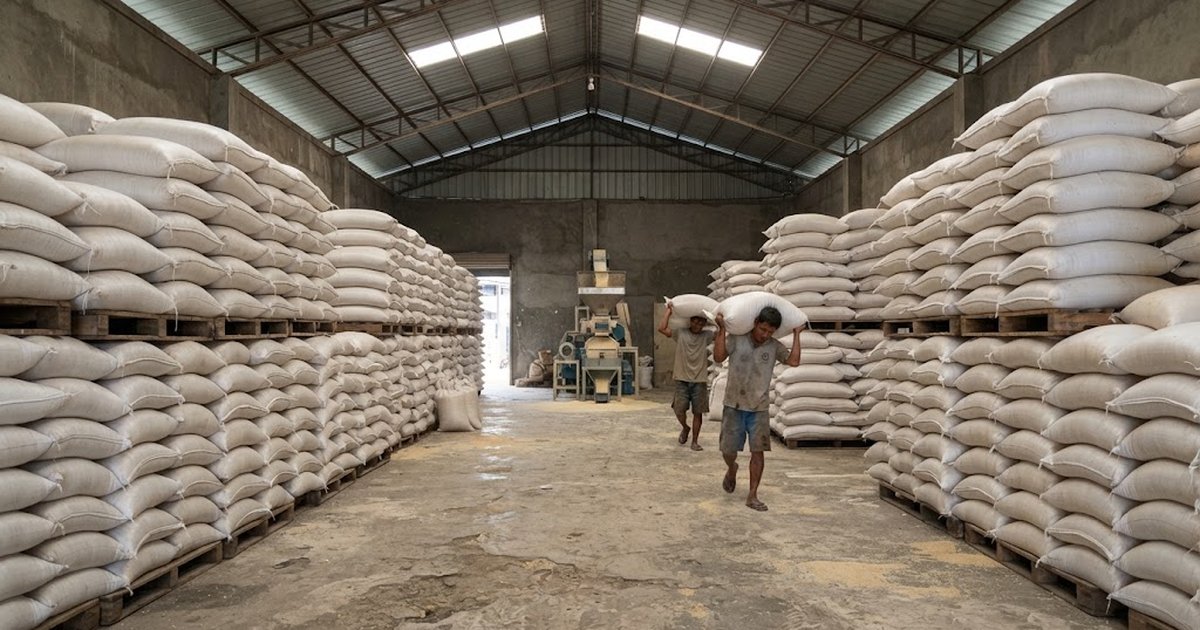 Sacks of palay stacked inside a grain warehouse