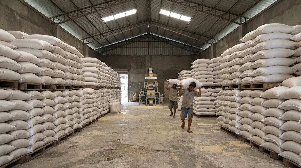 Sacks of palay stacked inside a Philippine grain warehouse beside a rice milling line