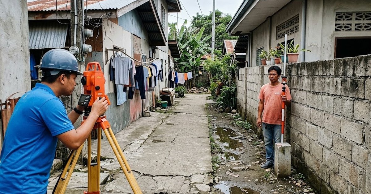 Surveyor with a total station measuring a narrow access path between houses