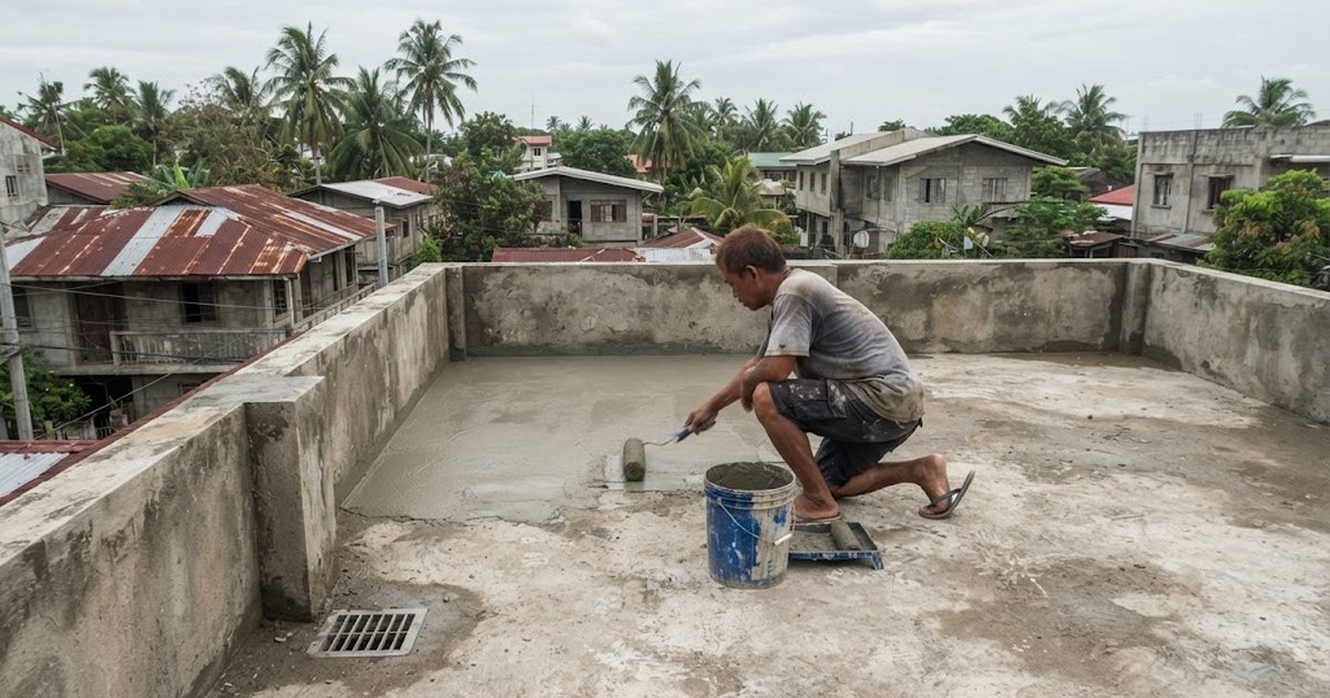 Worker rolling waterproofing onto a concrete roof deck with parapet walls in the Philippines