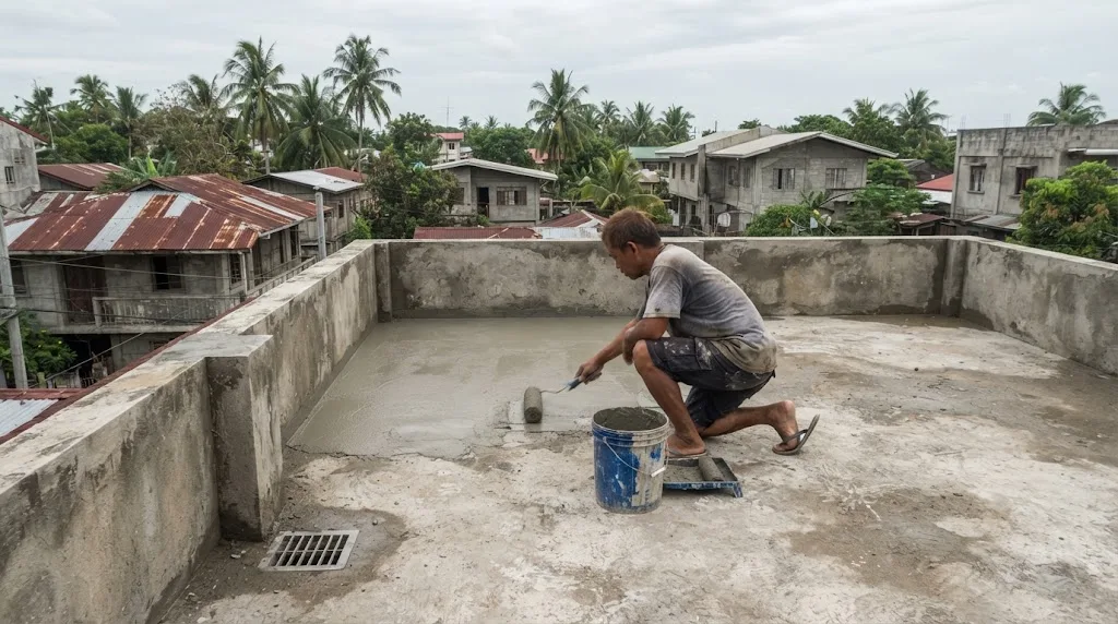 Worker rolling cementitious waterproofing onto a concrete roof deck with a CHB parapet and a floor drain, in a Philippine neighbourhood