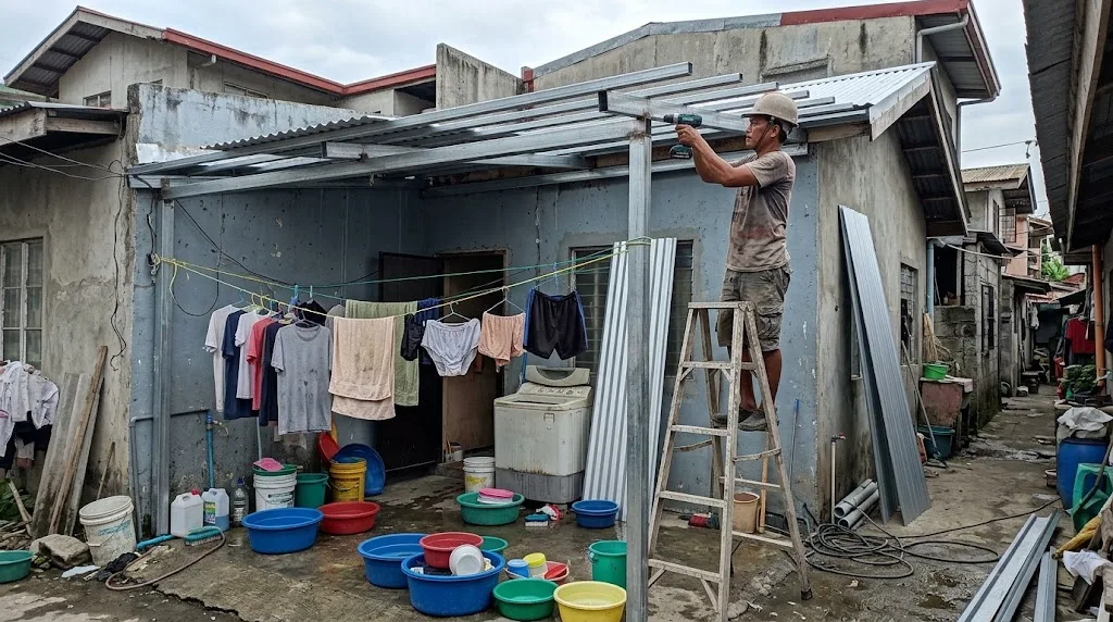 Steel frame roof extension with metal roofing over a Filipino home's side yard laundry area, worker fixing purlins