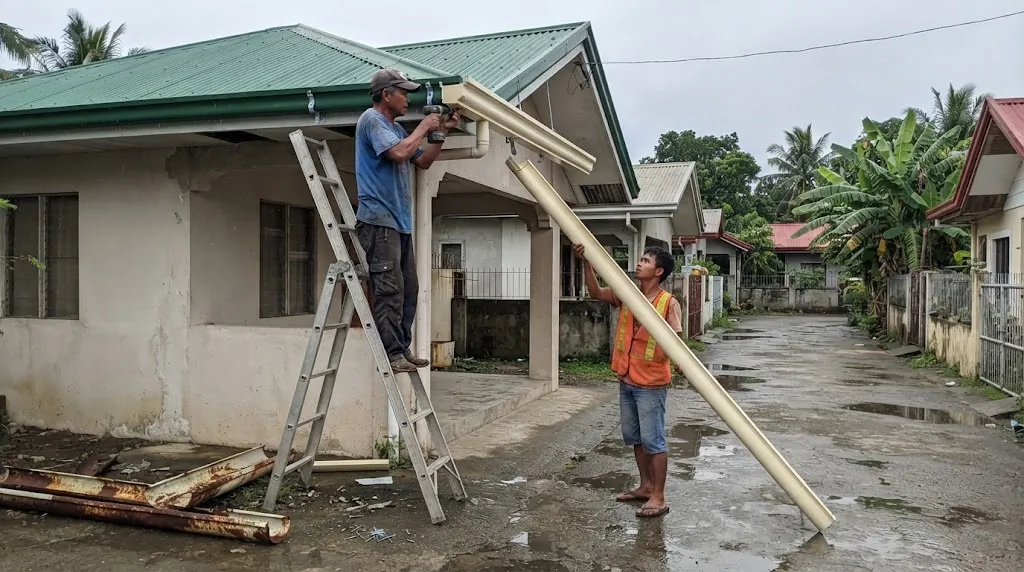 Worker installing a metal roof gutter on a Filipino house