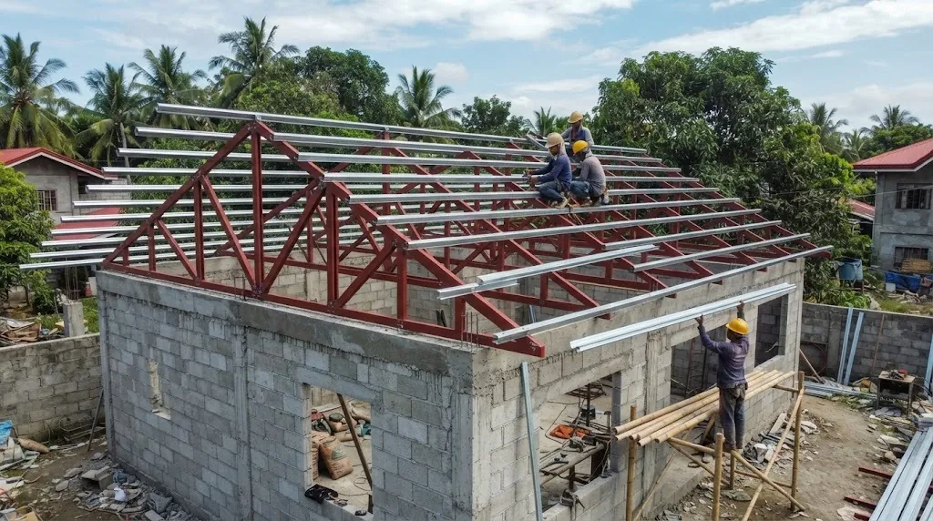 Workers installing steel roof trusses on a concrete house in the Philippines