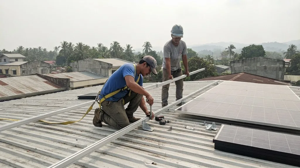 Solar panels mounted on rails across the metal roof of a Philippine commercial building